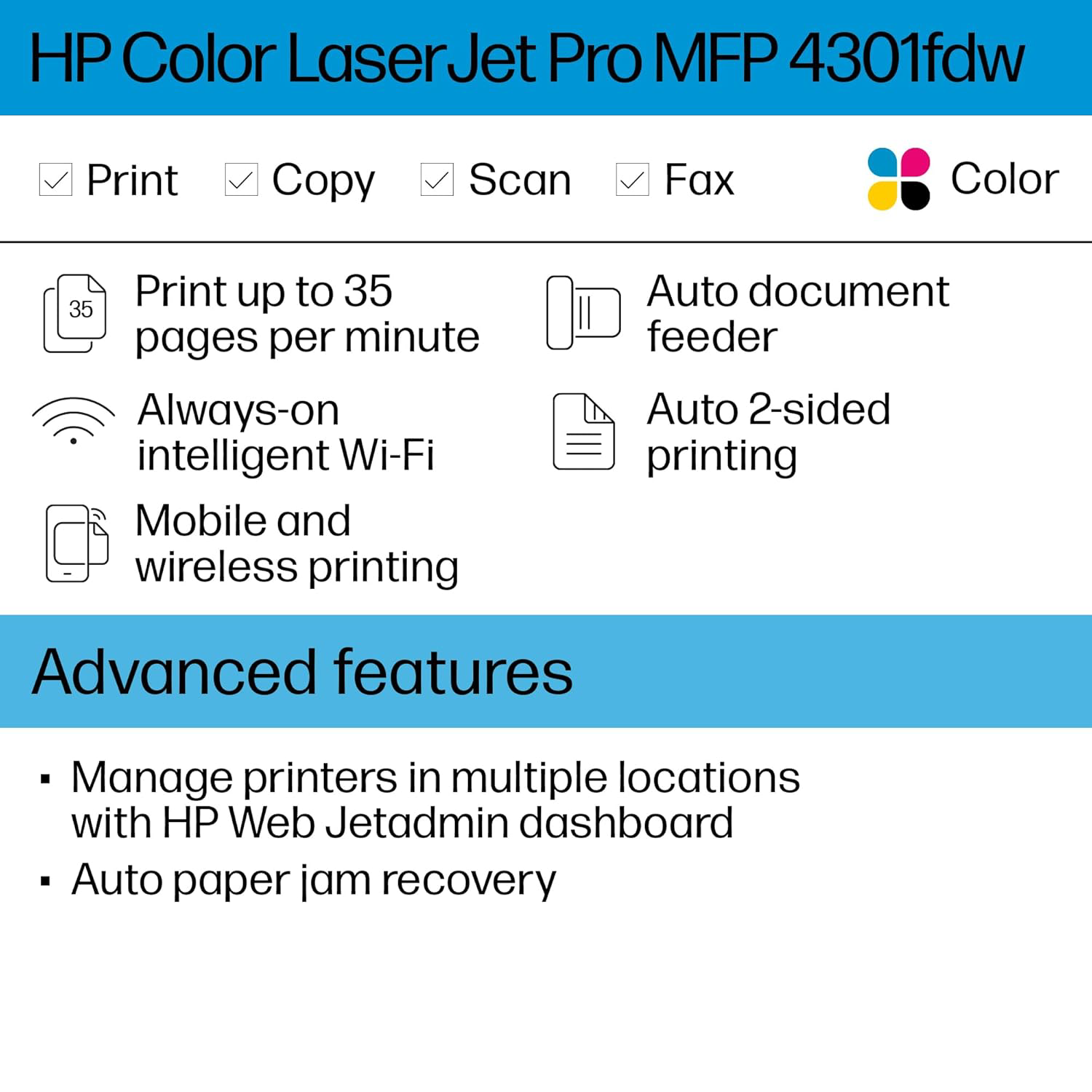 HP Color LaserJet Pro MFP 4301dw (≈35 ppm)